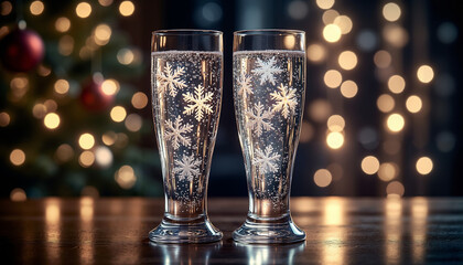 Two festive glasses of sparkling drink with snowflake patterns, holiday celebration concept