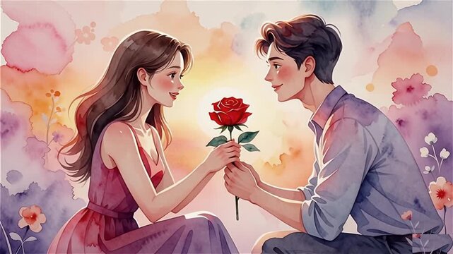 Moment of Forever &mdash; Man Proposing Woman with Red Rose, Watercolor Style Romance, Love Proposal Animation