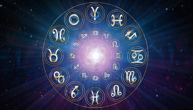 Astrological Zodiac Wheel Illustration Celestial Symbols, Horoscope Signs, Constellations and Galaxy Background for Spiritual and Occult Concepts.