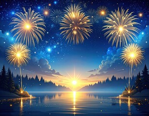 Night sky background with fireworks celebrating the arrival of the new year