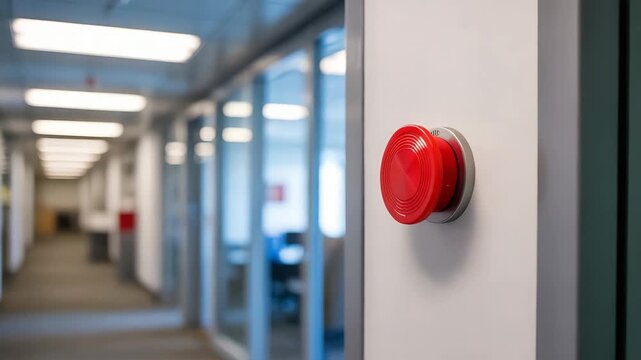 Office emergency red button trigger on wall for urgent help, interventions and critical situations concept for safety or security measures and help