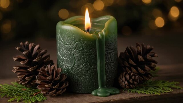 Dark green melting pillar candle burning brightly amidst pinecones and rustic cedar foliage creating a warm holiday atmosphere with golden bokeh lights