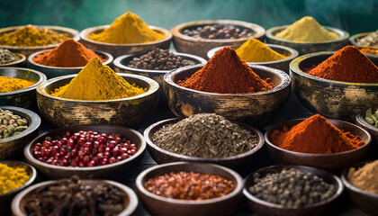 Fototapeta premium Vibrant Spices in Wooden Bowls Turmeric, Paprika, Curry, and More for Culinary Delight and Healthy Cooking.