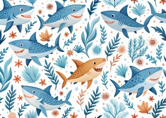 Seamless pattern with watercolor sharks seaweed and coral reef elements on white background