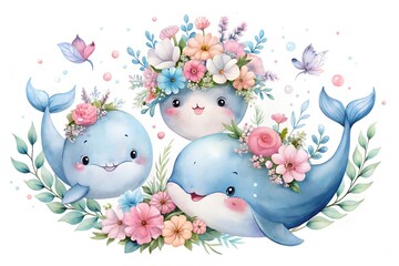 Watercolor illustration of adorable whales with floral wreath and butterflies on white background