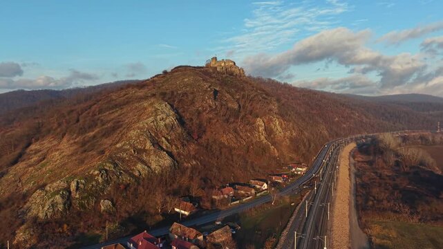 Scenic drone footage in late autumn over the Soimos Fortress in Arad County, Romania, Europe	