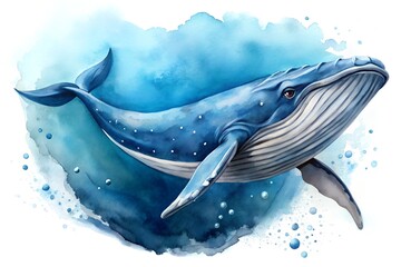 Watercolor painting of a majestic humpback whale swimming in a blue ocean environment