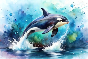 Majestic orca breaching the ocean surface in a vibrant watercolor splash illustration