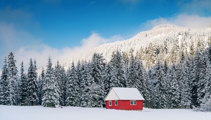 red cabin nestled in a serene snowy mountain forest