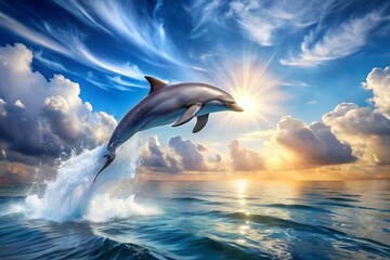 A majestic dolphin leaps from the ocean towards a brilliant sunrise and cloudscape