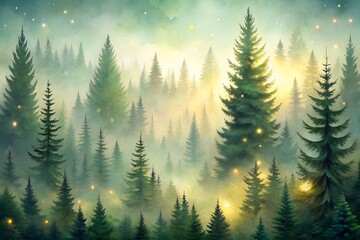 Mystical forest landscape with tall evergreen trees bathed in soft morning light
