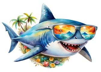Cool shark wearing sunglasses with a tropical beach scene reflected in lenses