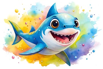 Adorable cartoon baby shark with a cheerful expression in a colorful watercolor style
