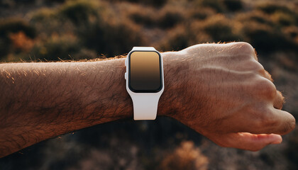 Closeup of a person's wrist wearing a white smartwatch with a blank screen, set against a blurred natural outdoor background, ideal for tech product mockups and lifestyle content.