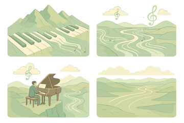 Musical Landscape Harmony. Isometric vector illustration set Harmonic geography: keys stretching into mountain ridges, melody