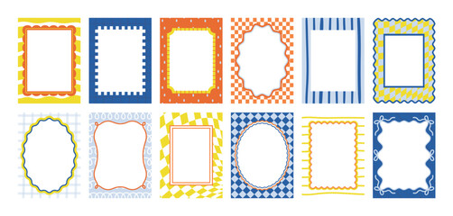Colorful set of wavy edge frames with geometric patterns and playful doodle borders, ideal for invitations, banners, or creative layouts, isolated on white background vector illustration