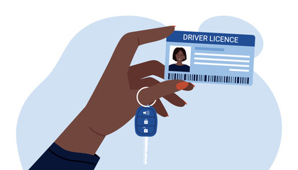 Hand of African American person holding driver license and car key, representing identification and vehicle access, modern flat style, official document concept vector illustration