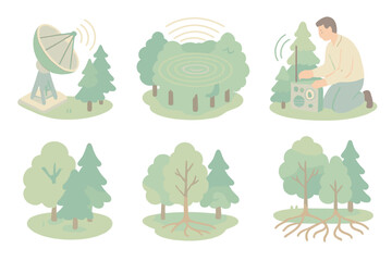 Fototapeta premium Forest Signal Array. Isometric vector illustration set Forest signal array: radio telescope detecting patterns from canopy, light