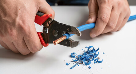 Closeup of Electrician's Hands Stripping Blue Insulation from Copper Electrical Wire Using Wire Strippers for Repair Work