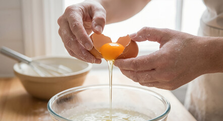 Close up of hands cracking a fresh brown egg, separating the yolk and white into a glass bowl during kitchen cooking preparation.