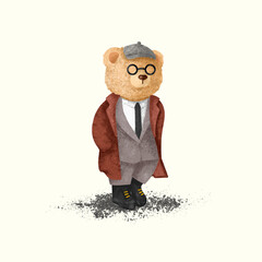 Cute bear wearing vintage gentleman fashion style illustration