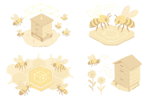Digital Bee Symphony. Isometric vector illustration set Algorithmic hive mapping: digital overlay above bee colony, insects