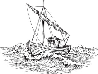 Traditional Fishing Boat Navigating Rough Ocean Waves Sketch