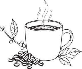 Hand-Drawn Coffee Culture: Steaming Mug and Roasted Beans