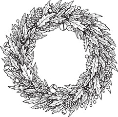 Vintage Holiday Wreath: Hand-Drawn Engraving of Pine and Berries with Bells