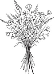 Hand-Tied Wildflower Bouquet: Vintage Meadow Flowers Line Art Drawing