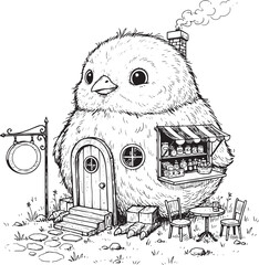 Whimsical Chick House and Cozy Fantasy Cafe Line Art