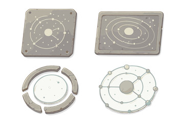 Fototapeta premium Forgotten Cosmic Charts. Isometric vector illustration set Forgotten cosmic charts: aged metal plates, etched starmaps, orbit