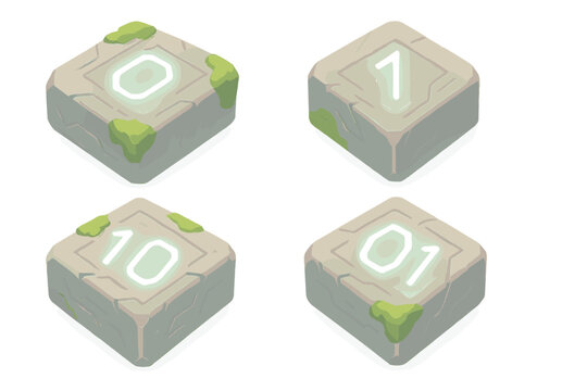 Cyber Runestone Icons. Isometric vector illustration set Cyber runestone interface: engraved metal slabs, luminous binary sigils,