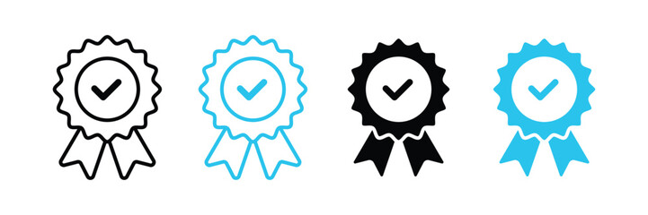 Award badge icons with check marks representing certification, approval, achievement, and quality assurance.