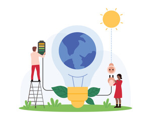 Green energy station, renewable sources for electricity generation. Tiny people save ecology, generate electric energy for light bulb with globe inside, charge battery cartoon vector illustration