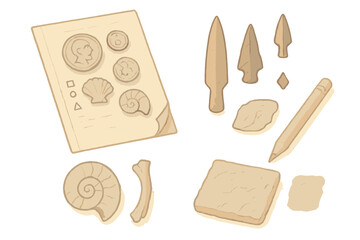 Archaeological Artifact Study. Isometric vector illustration set Artifact study pages: soft ink sketches of coins, fossils, and