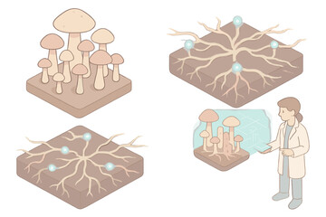 Fungal Cityscape Vision. Isometric vector illustration set Myco-architecture system: mushrooms arranged like city towers, root