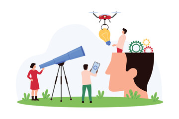 Business challenge, vision, open mind and motivation for creative projects. Tiny people looking through telescope at drone carrying light bulb for human head with gears cartoon vector illustration
