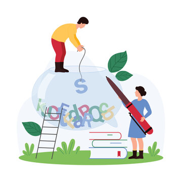 Learning disorder and development problems, disability. Tiny people with pen for study catching letter in chaos of words to struggle with training difficulty of student cartoon vector illustration