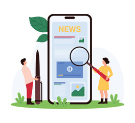 Reading news online, social media blog analysis and review in mobile app, journalism. Tiny people research article, newsletter on smartphone screen with magnifying glass cartoon vector illustration