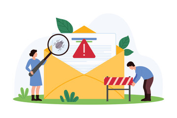 Email and online document protection from scam and fraud. Tiny people analyze mail letter with magnifying glass, find and remove bug with warning anti virus system message cartoon vector illustration