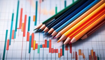 colorful pencils above stock market graph decline