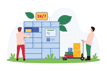 Delivery of parcels to automated postal locker of self service, post station automat. Tiny people put packages into mail locker machine, carry boxes on cart to terminal cartoon vector illustration