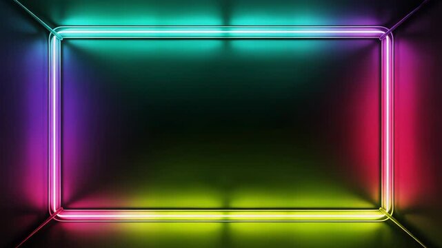 Immersive Neon Tunnel Rectangle Frame with Smoothly Shifting Gradient Rainbow Colors on a Reflective Dark Background.