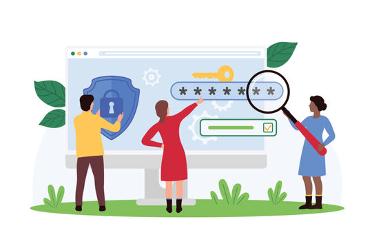 Online security, safe analysis of website protection and access to personal data. Tiny people with magnifying glass and shield check secure account password to protect data cartoon vector illustration