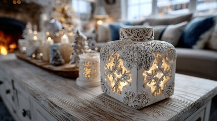 Decorated lantern on table with candles and sofa in blurred cozy room.
