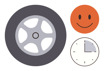 Wheel symbolizing movement, clock suggesting time management, and happy face portraying positivity. Ideal for productivity, efficiency, optimism, timekeeping, mobility workflow success. Simple flat