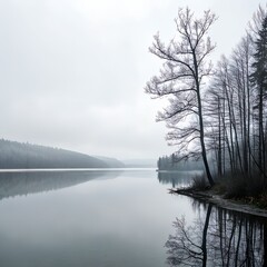 Tranquil Lake with Bare Trees Reflected in Winter Mist