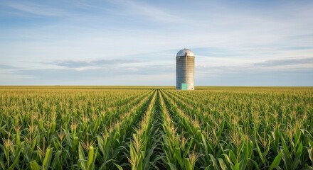 A solitary metal silo stands tall in a vast green cornfield under a clear blue sky with wispy clouds.