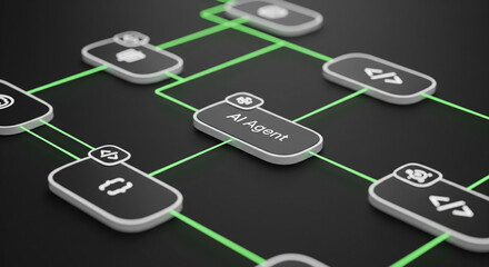 3D Isometric AI Agent Workflow Diagram with Coding, Syntax, and Debugging Symbols